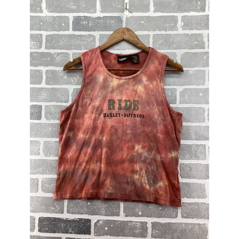 Harley-Davidson Womens XL Red Tie Dye Ride Graphic Tank Top Made in USA Ribbed